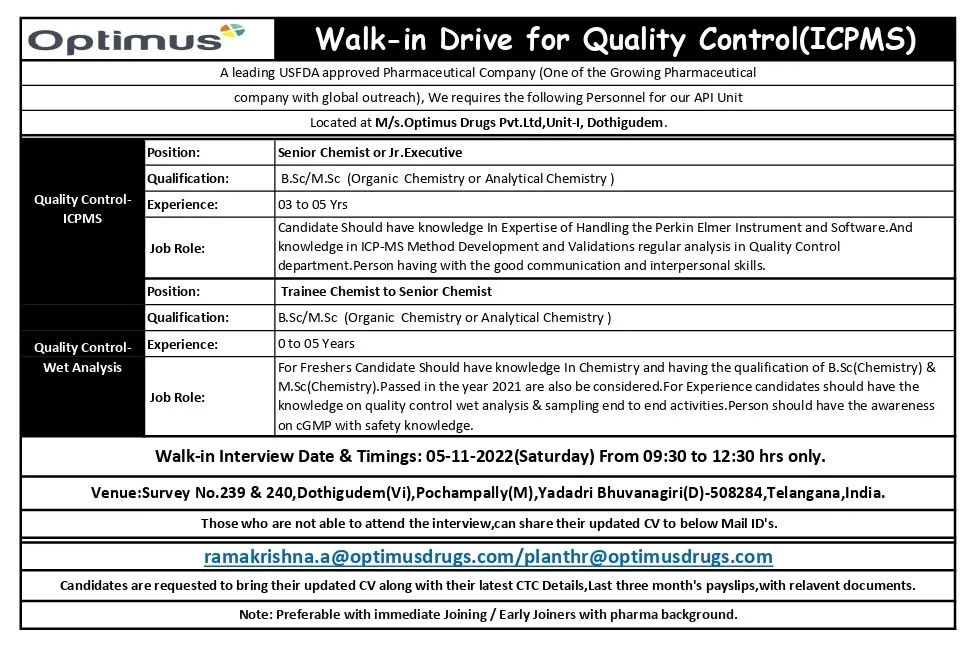 Optimus Drugs - Walk-In Drive for Quality Control on 5th Nov 2022